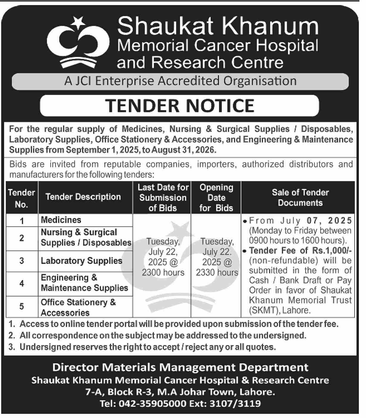 Shoukat Khanum Memorial Cancer Hospital & Research Centre Lahore Tender Notice